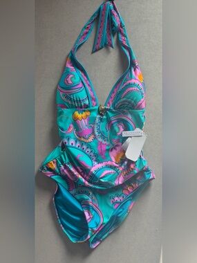 Trina Turk Teal & Pink Paisley Halter One-Piece Swimsuit NWT